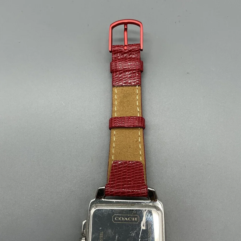 Coach Boyfriend Square Womens Watch 32mm Silver Dial Red Leather New Battery